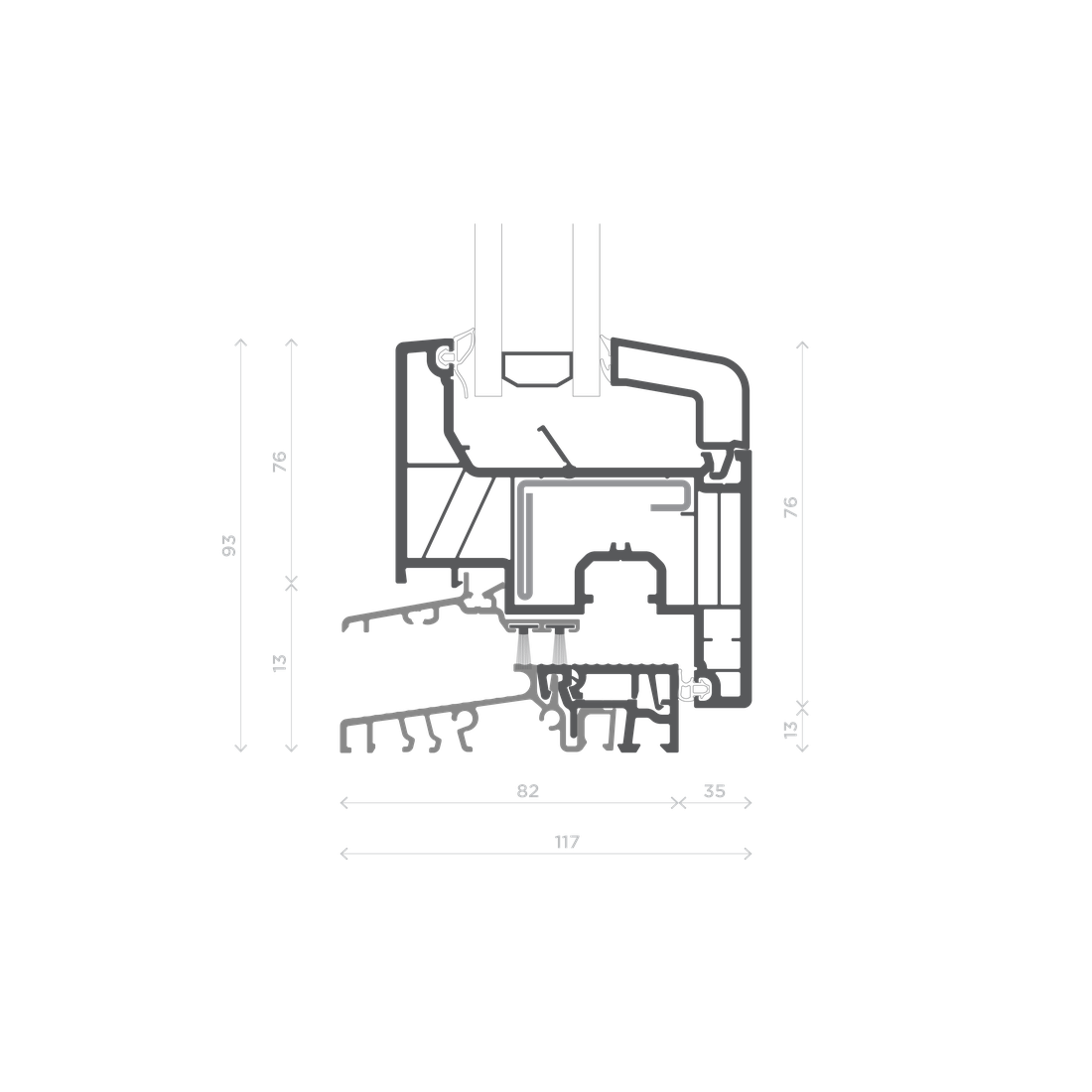W1 — Fermavetro arrotondato — Nodo Laterale Inferiore / Soglia - Anta
