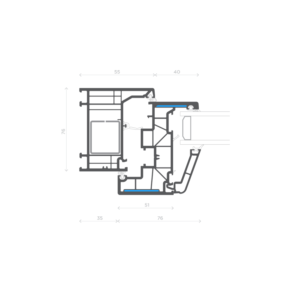 W2 — Fermavetro arrotondato — Nodo Laterale / Telaio L - Anta